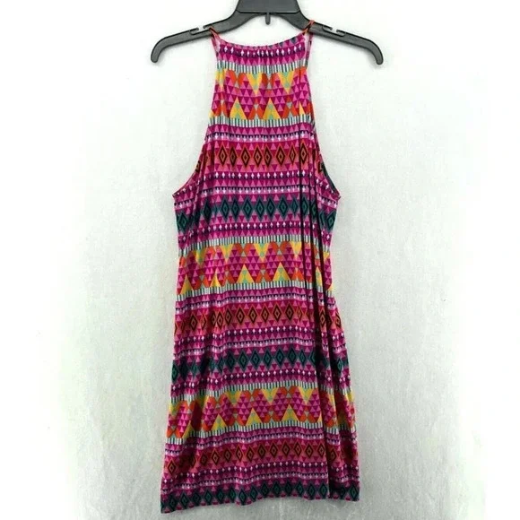 Laundry by Design Shift Dress Sz L Pink Geometric Retro Halter Keyhole Cutout - Picture 2 of 10
